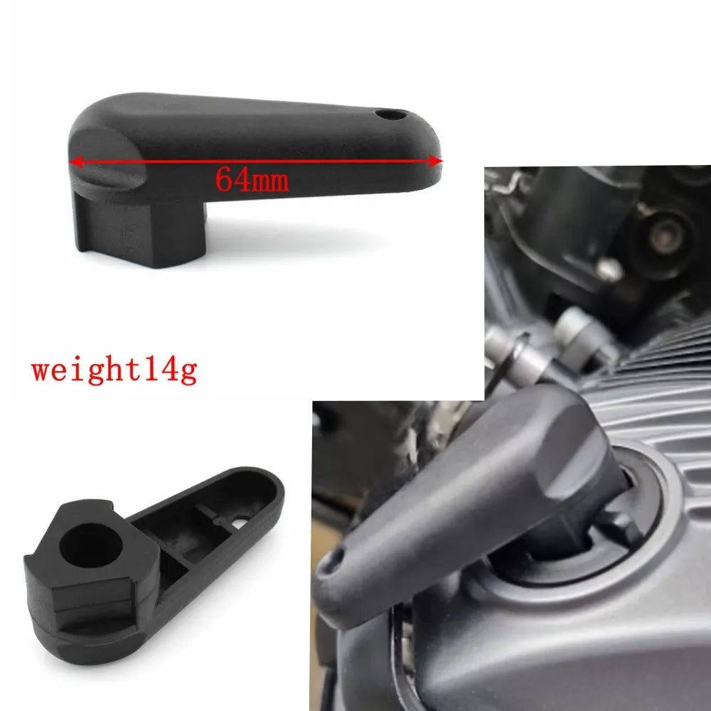 Black nylon quick-release wrench for BMW motorcycle oil filler cap removal.