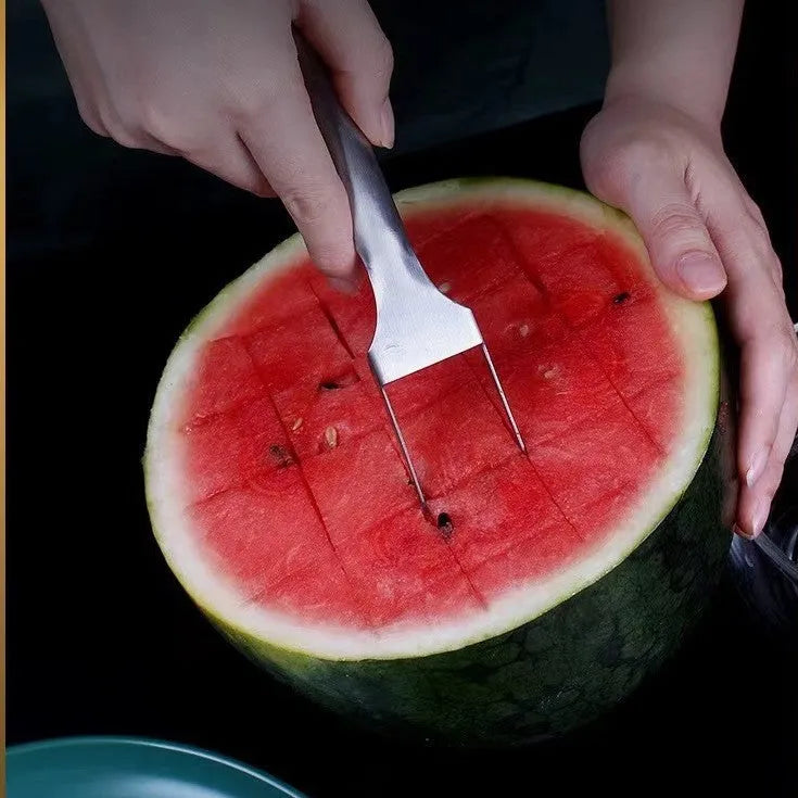 Stainless steel watermelon slicer cutter fork with 26cm handle for creating even watermelon cubes