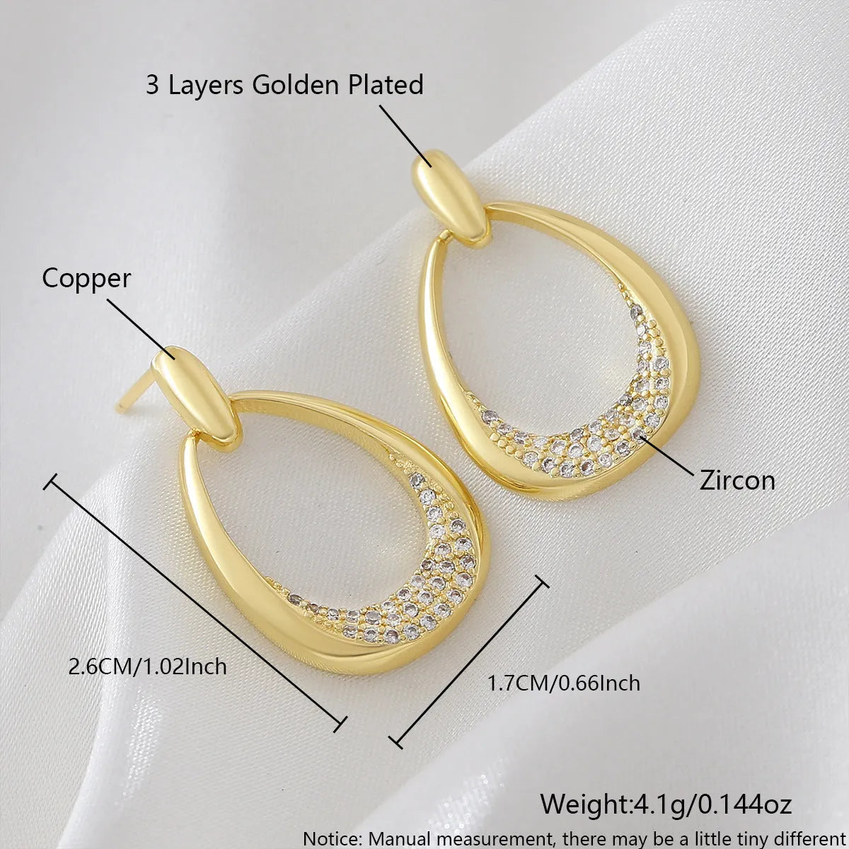 Women's yellow gold geometric earrings with 2.6*1.7cm drop design and colour retention electroplating