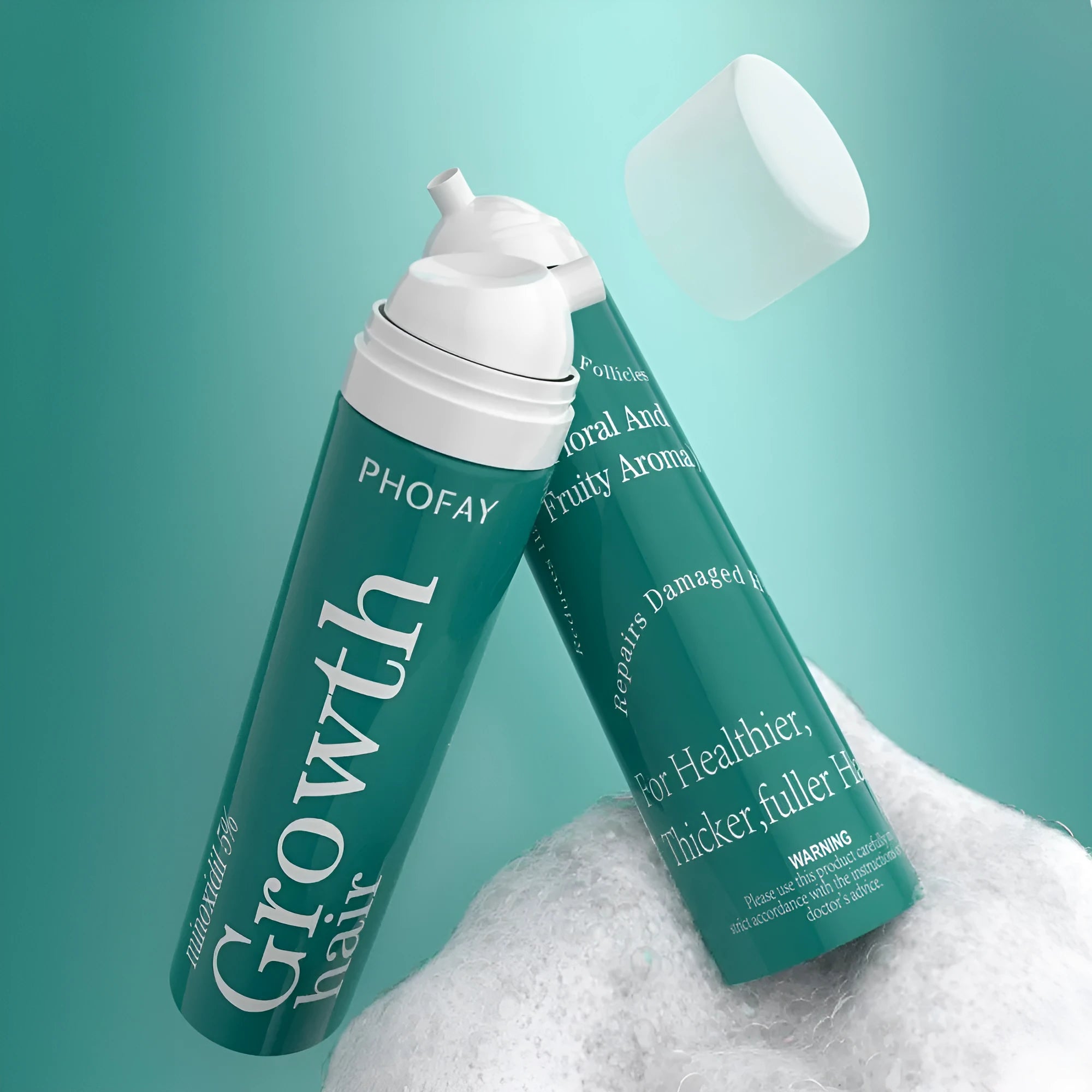 60ml canister of 5% minoxidil anti-hair loss foam mousse with a white pump applicator.