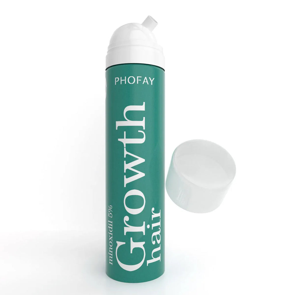 60ml canister of 5% minoxidil anti-hair loss foam mousse with a white pump applicator.