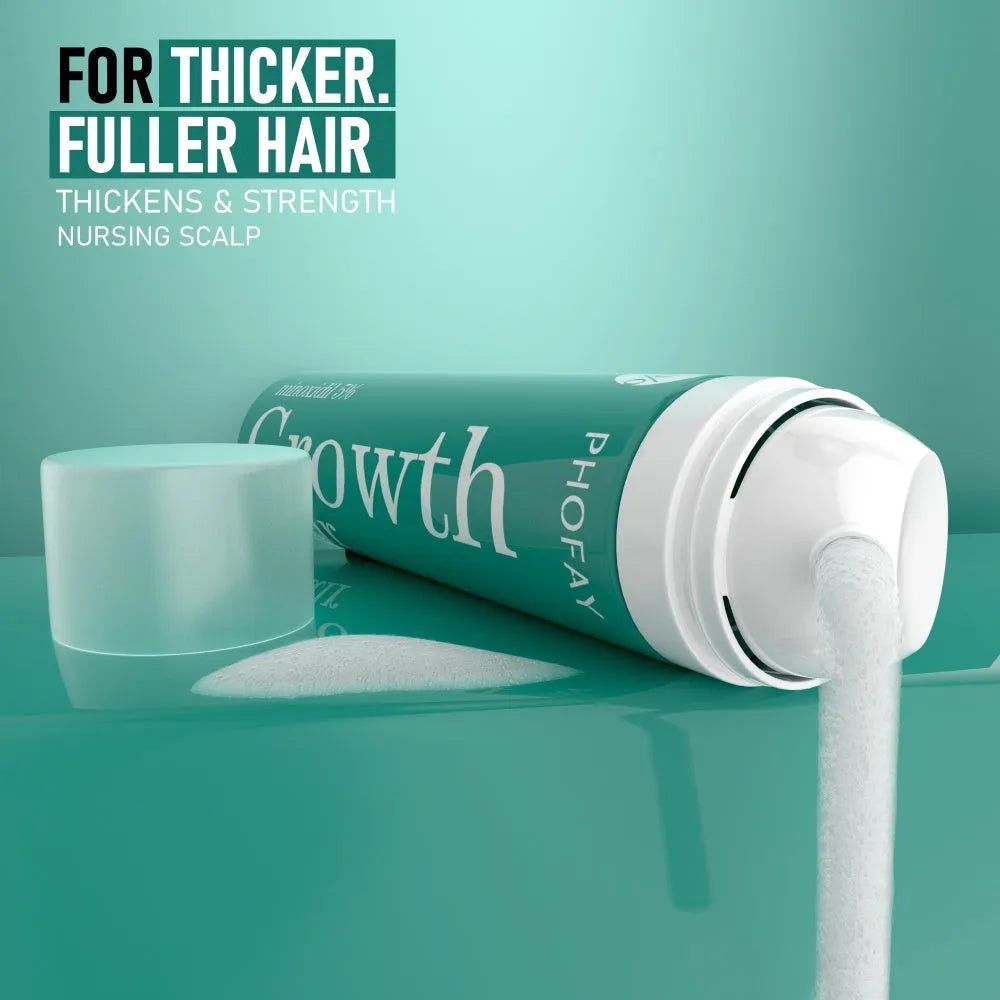 60ml canister of 5% minoxidil anti-hair loss foam mousse with a white pump applicator.