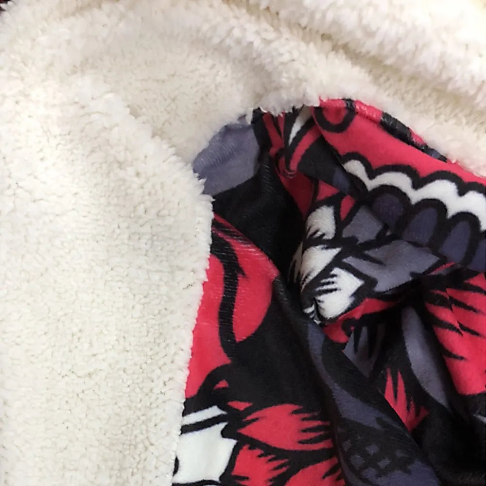 Flannel burrito blanket with food-themed print, showing soft microfiber fleece texture and round or rectangular shape options