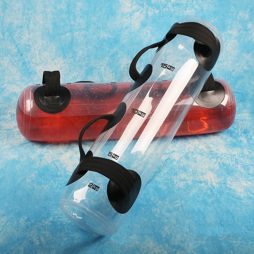 Transparent PVC water filled weight bag showing water level, approximately 50cm length, with inflation valve and soft construction for strength training