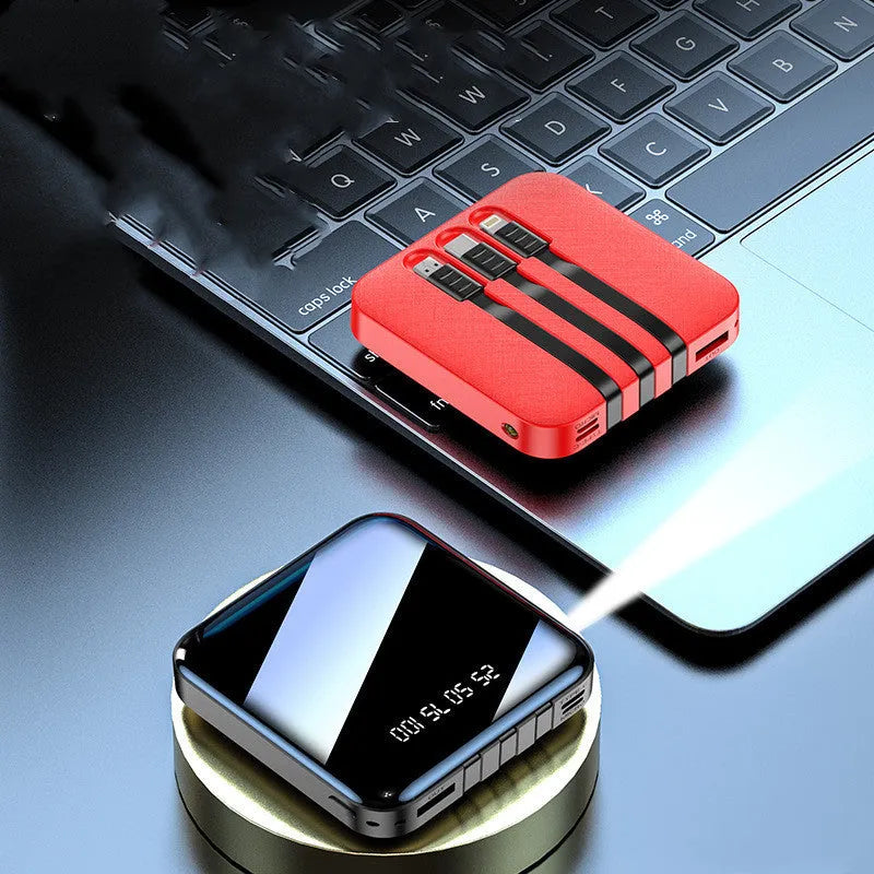 Black power bank with integrated charging cable showing 20000mAh capacity and compact 80mm dimensions