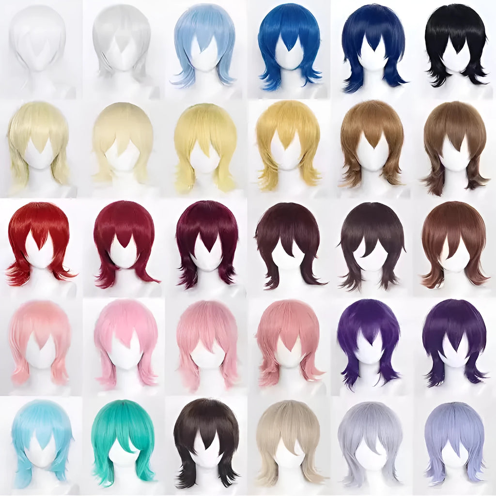 Short black anime-style cosplay wig for men on a stand