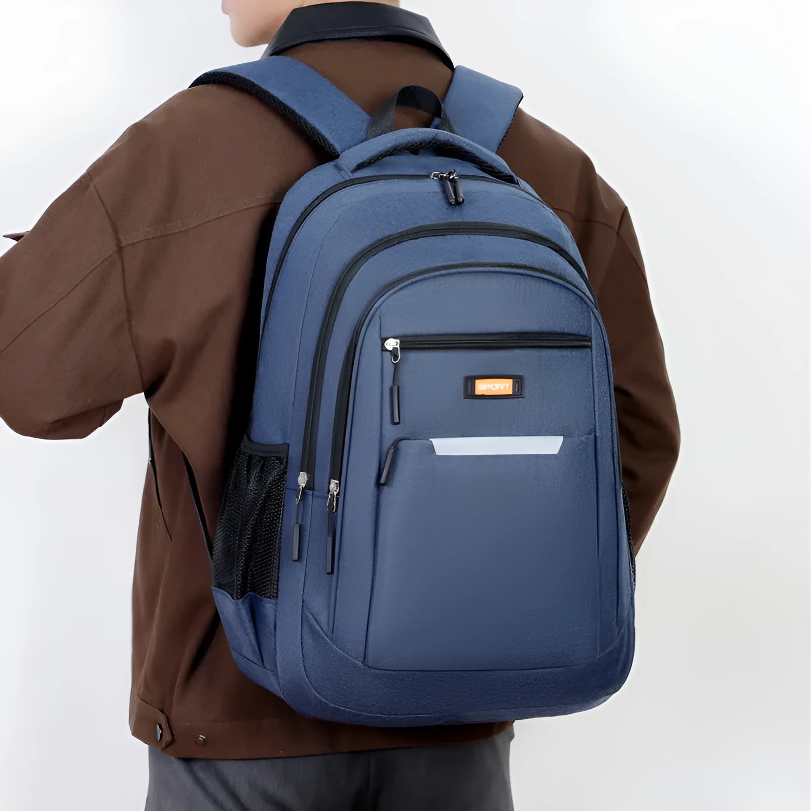 Casual Oxford cloth men's backpack in grey, shown from a side angle.
