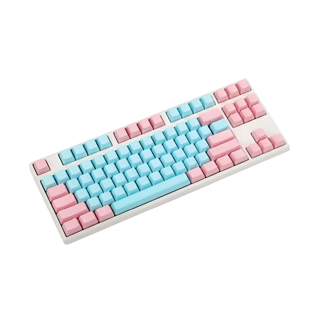 Pink opaque PBT keycap set for mechanical keyboards showing side-engraved legends and 1.5mm thickness