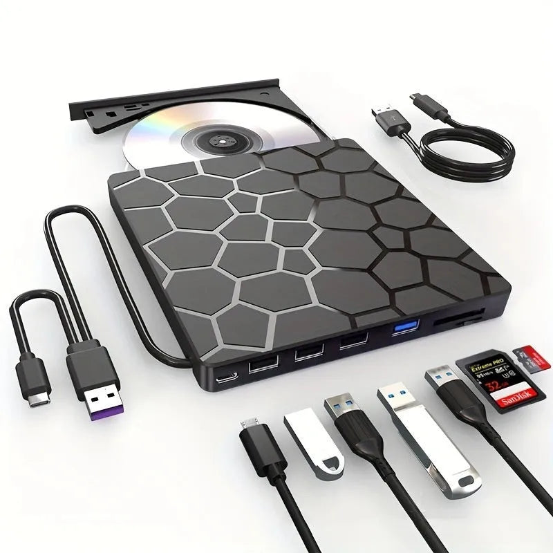 Black USB external CD drive with CD burner measuring 15.5cm by 14.5cm