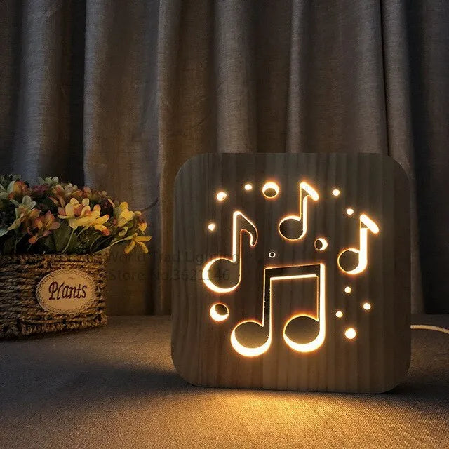3D wooden LED atmosphere lamp with warm white light, measuring 19cm, USB-powered for ambient lighting.