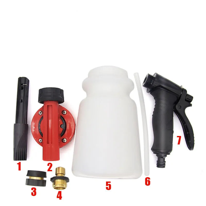 Green and black handheld foam pot high pressure water gun for garden spraying.