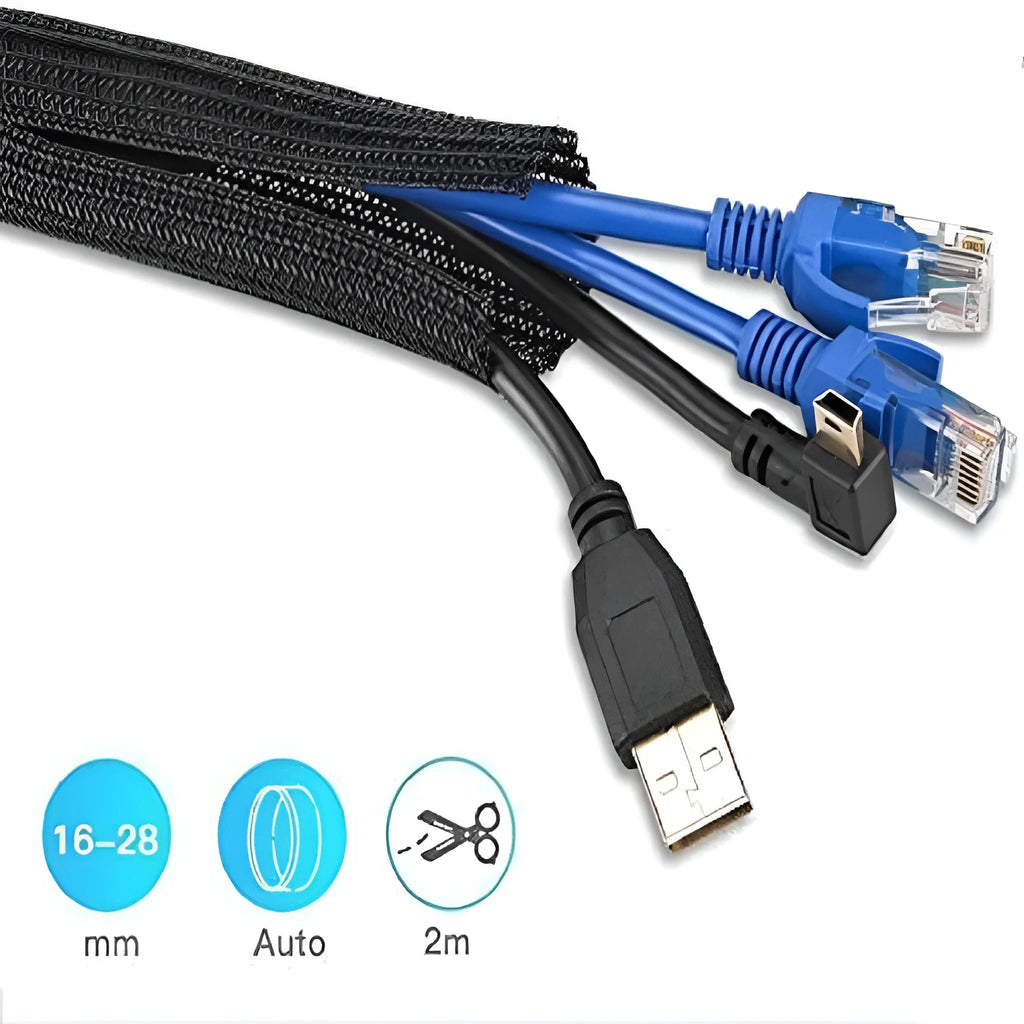 Black self-winding mesh sleeve automotive wire cover for cable protection in engine bays.