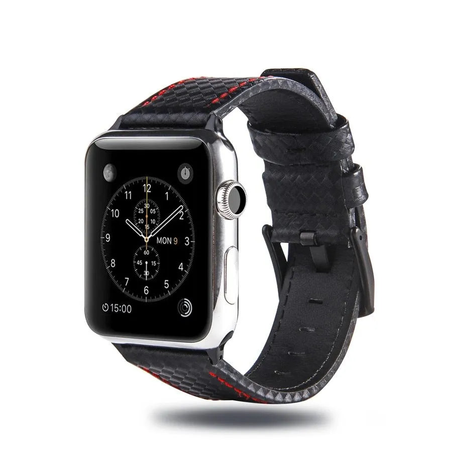 iPhone case with carbon fibre pattern and leather straps in red, black, orange, and blue colour options
