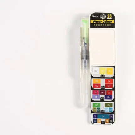 Fan-shaped foldable solid watercolour paint set in transparent box with fountain pen and accessories