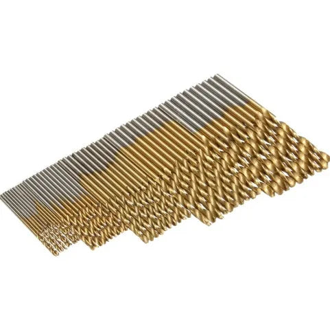 50 titanium-coated HSS drill bits in metric sizes from 0.8mm to 10.0mm, stored in a metal case.
