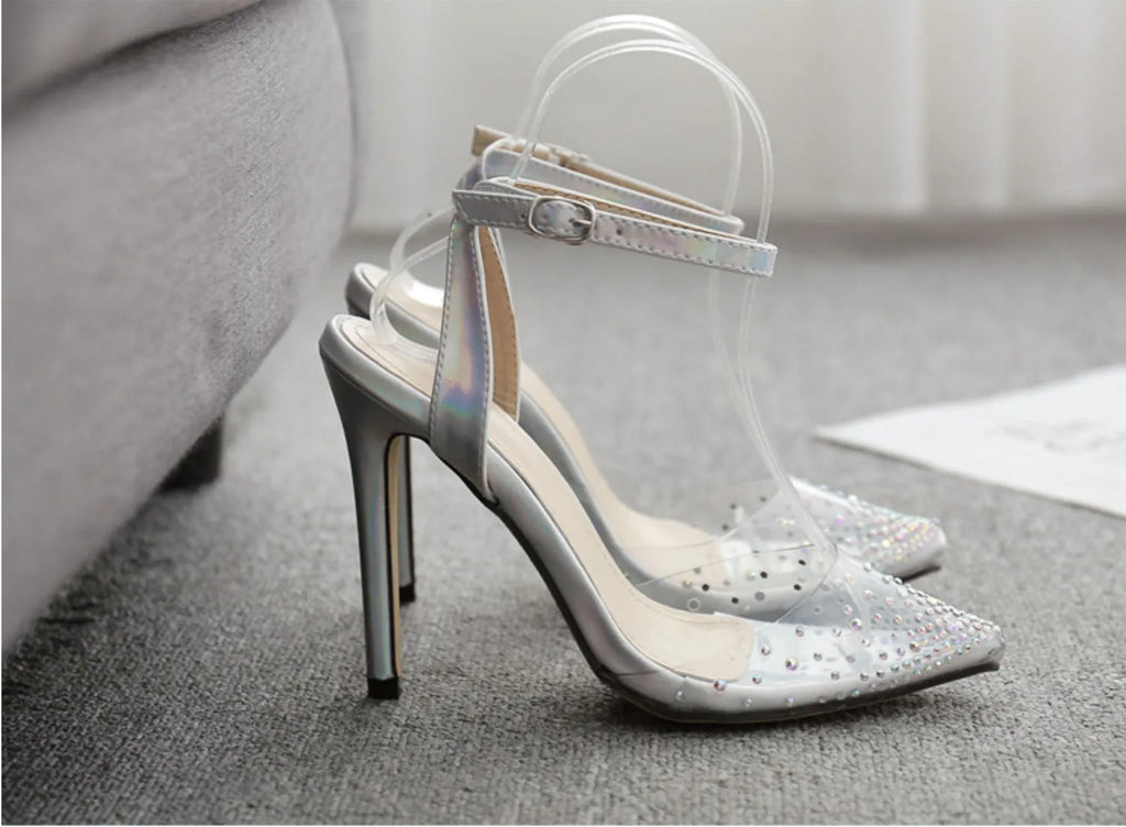 Women's pointed diamond sandals with stiletto heels, PVC upper, sizes 35-42, foot length 225-250mm