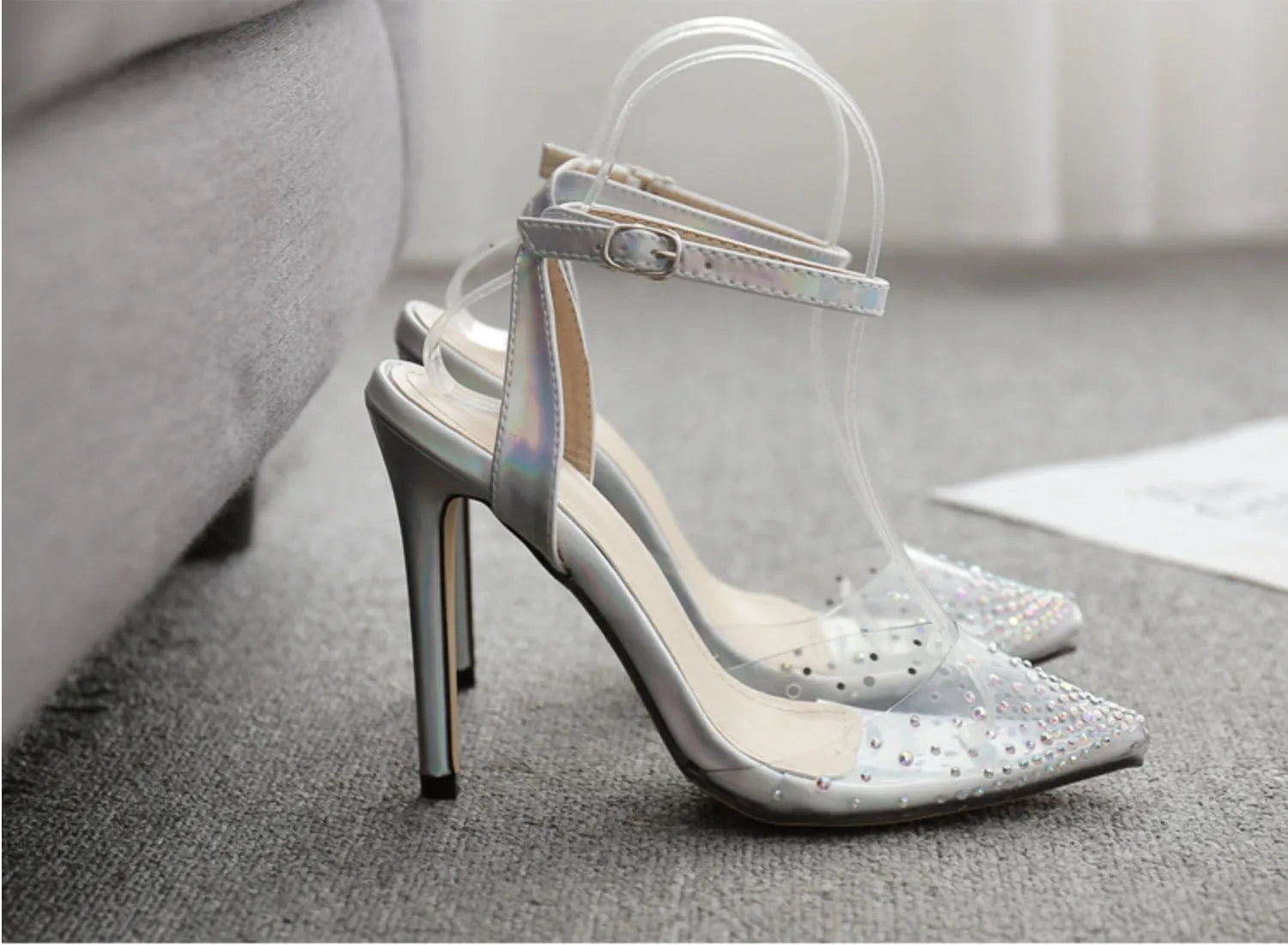 Women's pointed diamond sandals with stiletto heels, PVC upper, sizes 35-42, foot length 225-250mm