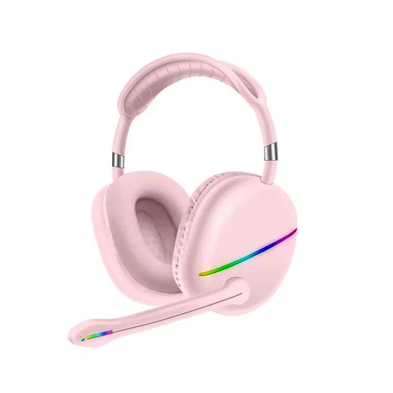 Blue over-ear wireless Bluetooth headset with illuminated RGB lights on the ear cups.