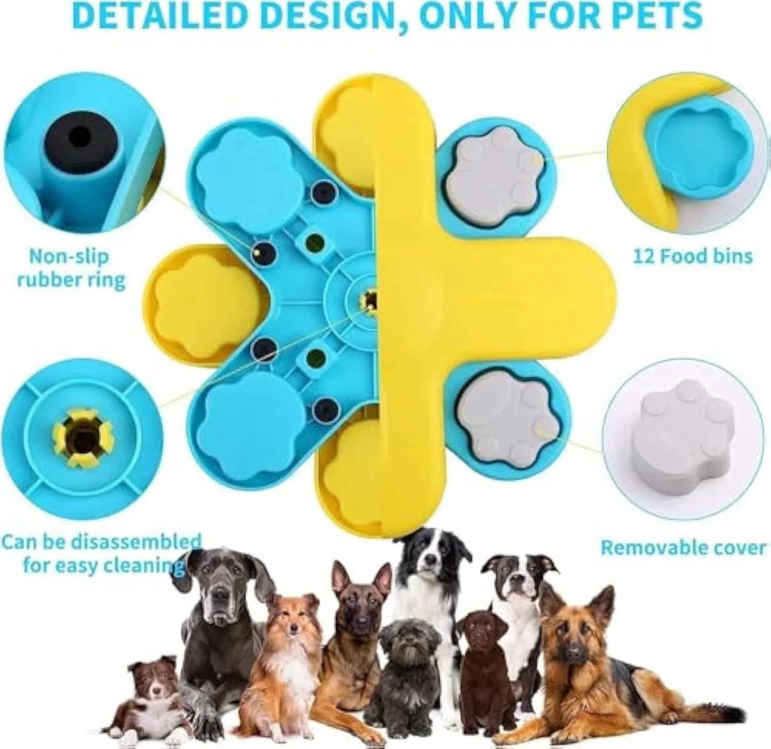 Yellow dog puzzle feeder with three rotating layers and claw-shaped lids for interactive feeding