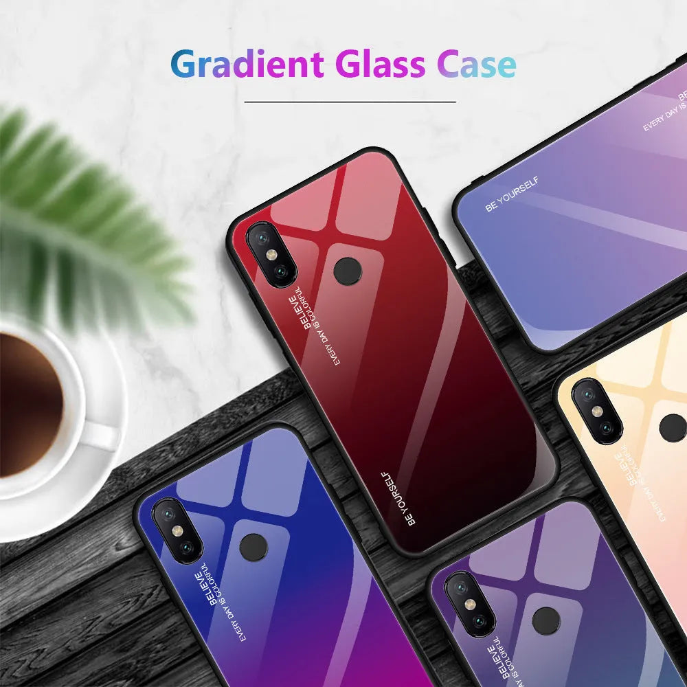 Gradient colour shifting phone case with tempered glass back and TPU frame for Redmi smartphones