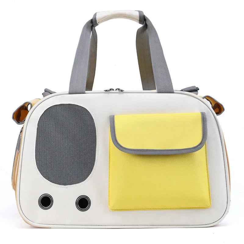 Foldable canvas pet carrier backpack shown in yellow colour with a single shoulder strap.