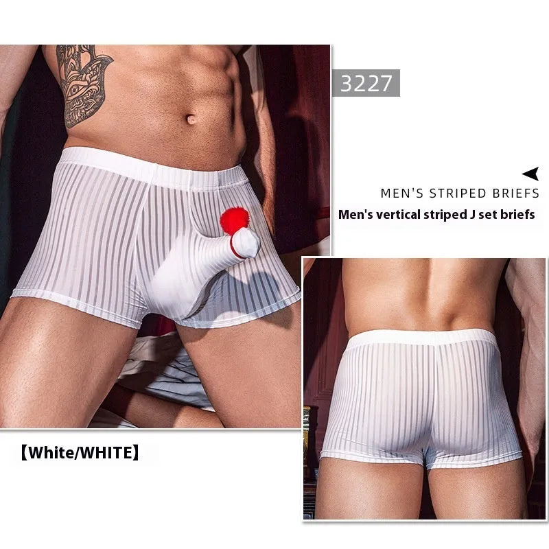 Men's striped boxer briefs in black, white, and dark grey colours showing high elasticity nylon fabric