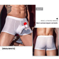 Men's striped boxer briefs in black, white, and dark grey colours showing high elasticity nylon fabric