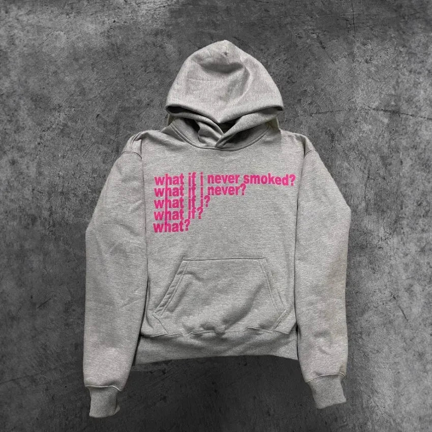 Man's black hooded sweater with a white letter print design on the front.