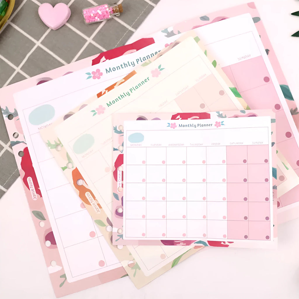 Handbook loose-leaf refill paper in A7, A6, and A5 sizes with floral and planning designs