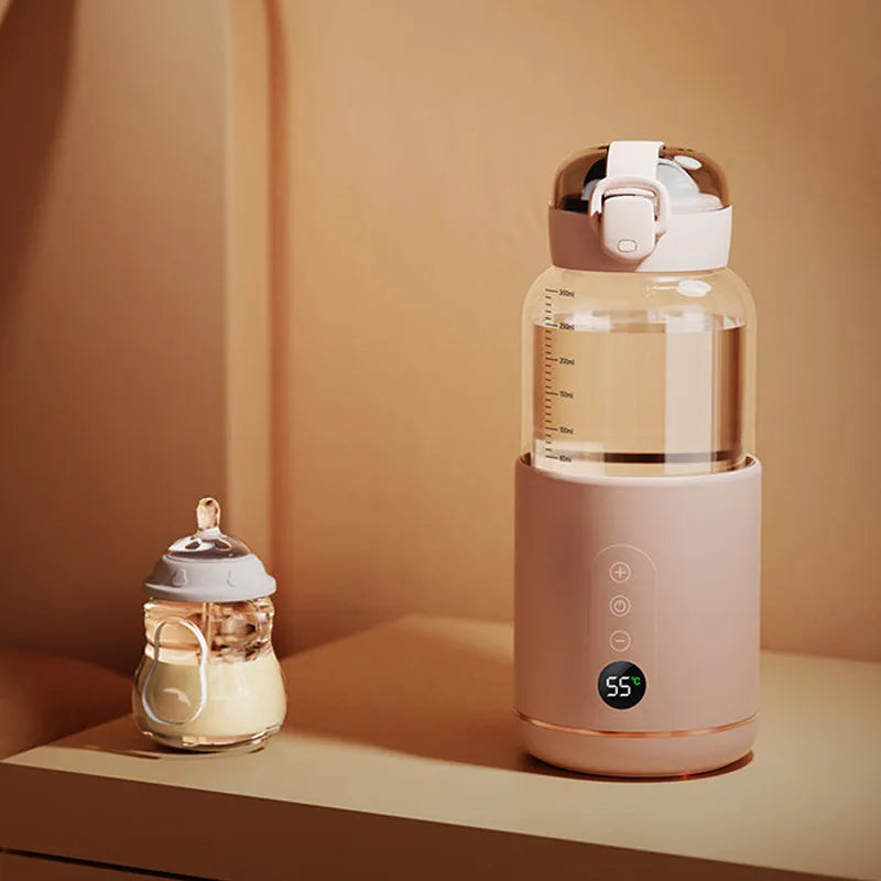 Wireless portable baby milk mixer with thermostatic cup and glass body, 86x210mm, shown in white, pink, blue or yellow.