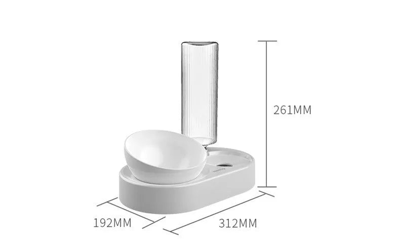 Double bowl automatic pet feeder with 600ml water bottle, adjustable 0° or 15° base, plastic bowls for small dogs and cats
