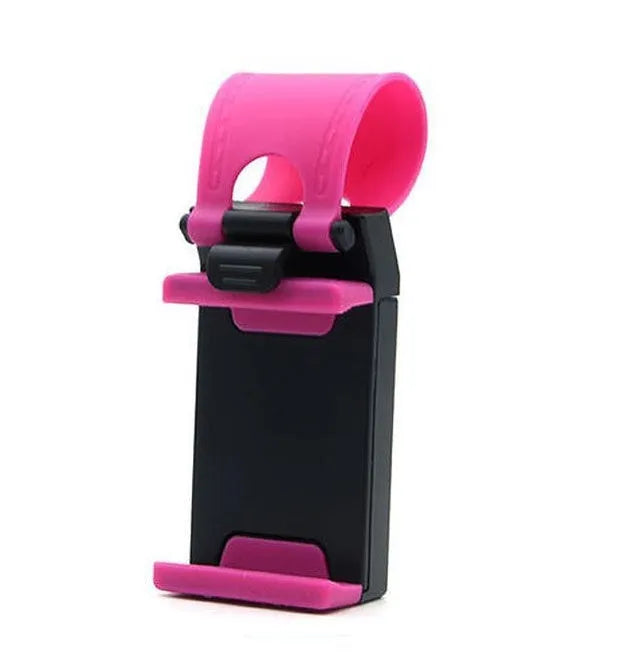 Black steering wheel phone holder mounted showing phone compatibility with dimensions 75x40x25mm