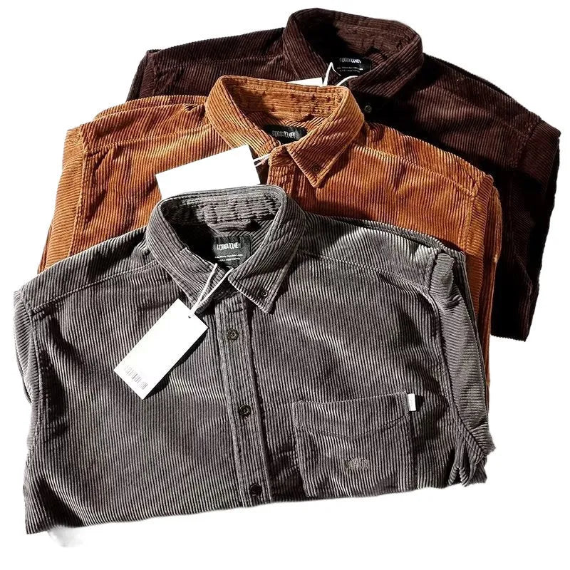 Long sleeve corduroy cardigan shirt in loose Hong Kong style, available in caramel and grey colours, sizes M to 2XL.
