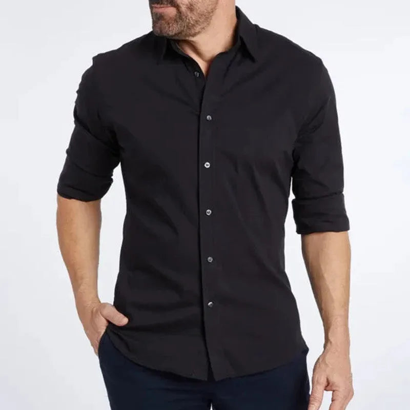 Men's long sleeve zip shirt with button-design collar, slim fit cotton fabric, available in eight colours and sizes XS to XXXL