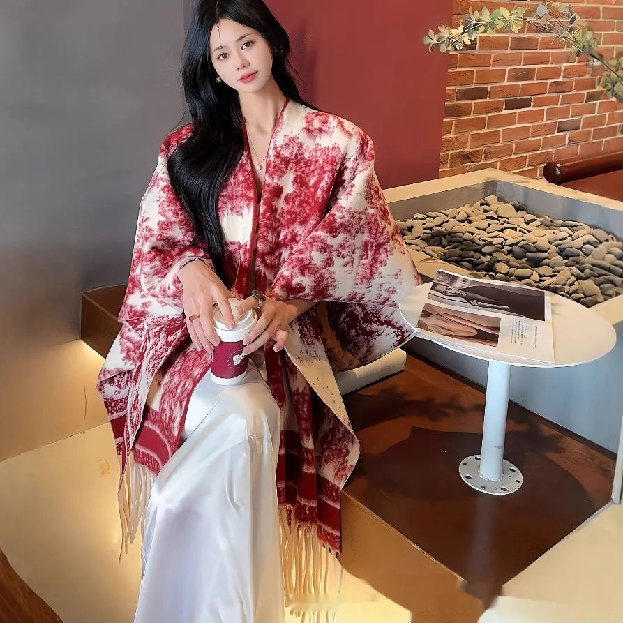 Women's fashion tassel scarf cape in polyester, free size, shown in one of five colour options as a casual shawl.