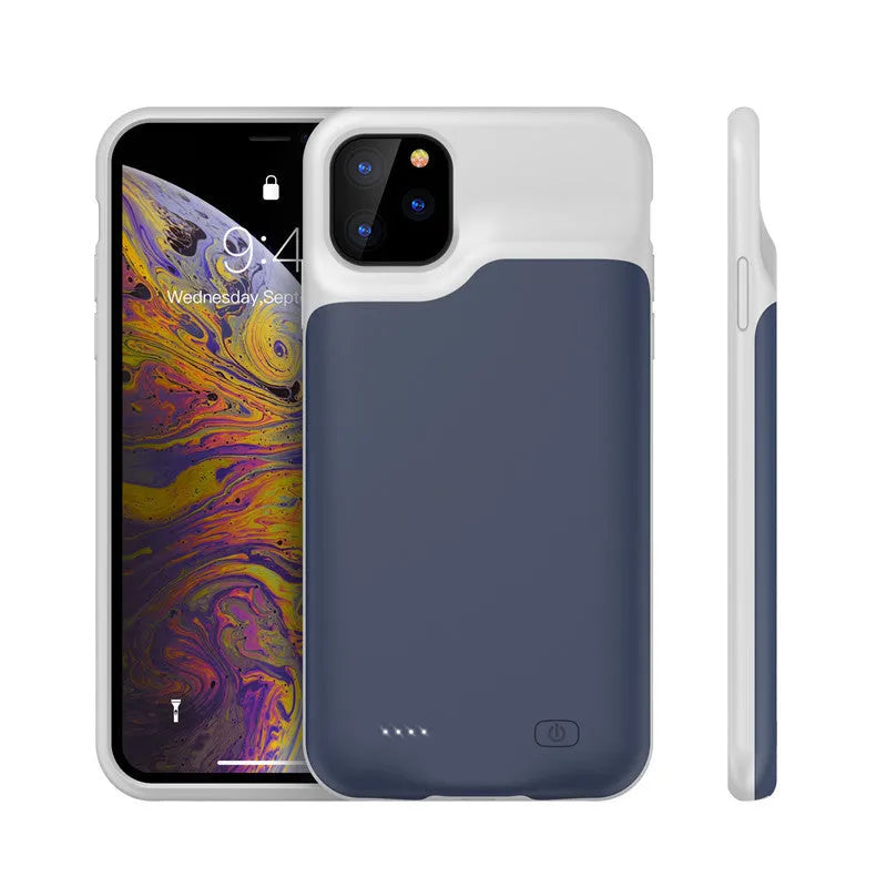 Black silicone iPhone battery charger case showing charging port and power button, compatible with multiple iPhone models.