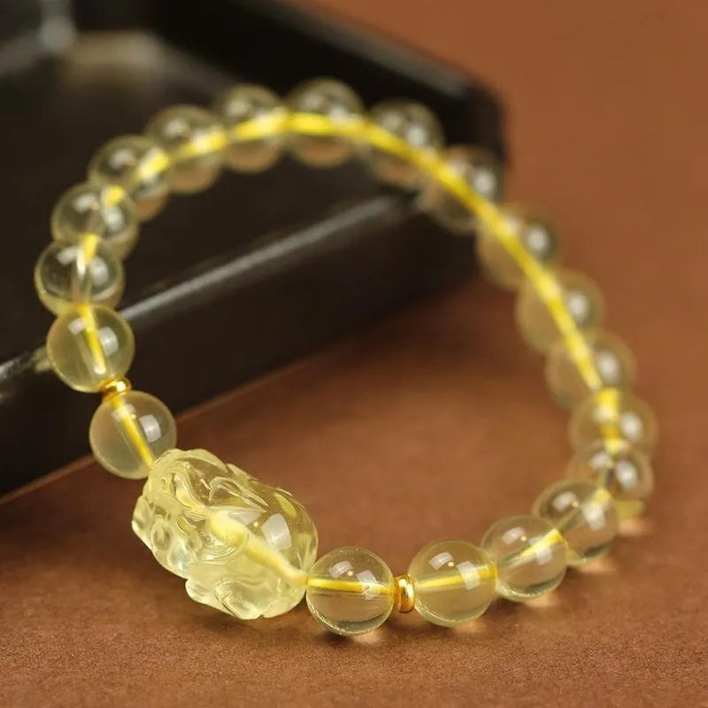 Yellow Citrine Pi Xiu Bracelet with artificial crystal beads on leather cord, sizes 6mm 8mm 10mm