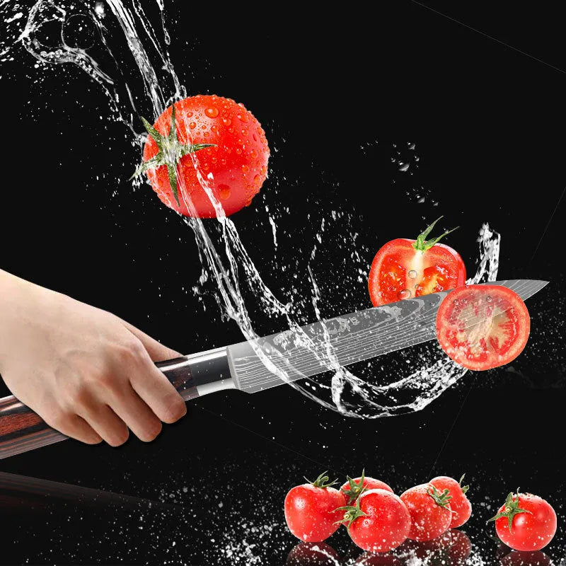 Professional kitchen knife with laser Damascus pattern on 7CR17 stainless steel blade, colour steel handle