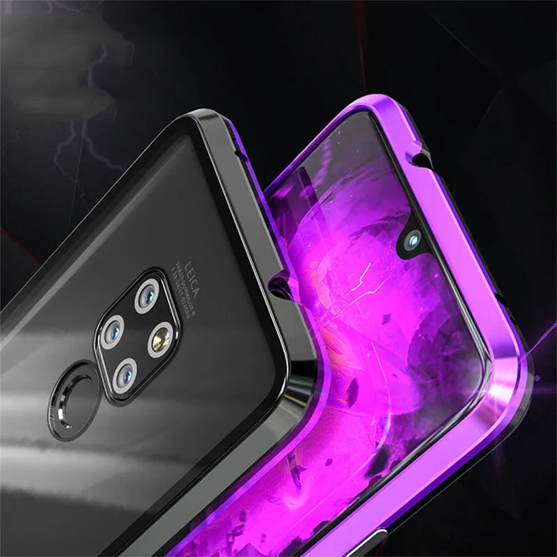 Magnetic phone case in black with 9H tempered glass back and metal frame for Huawei P30