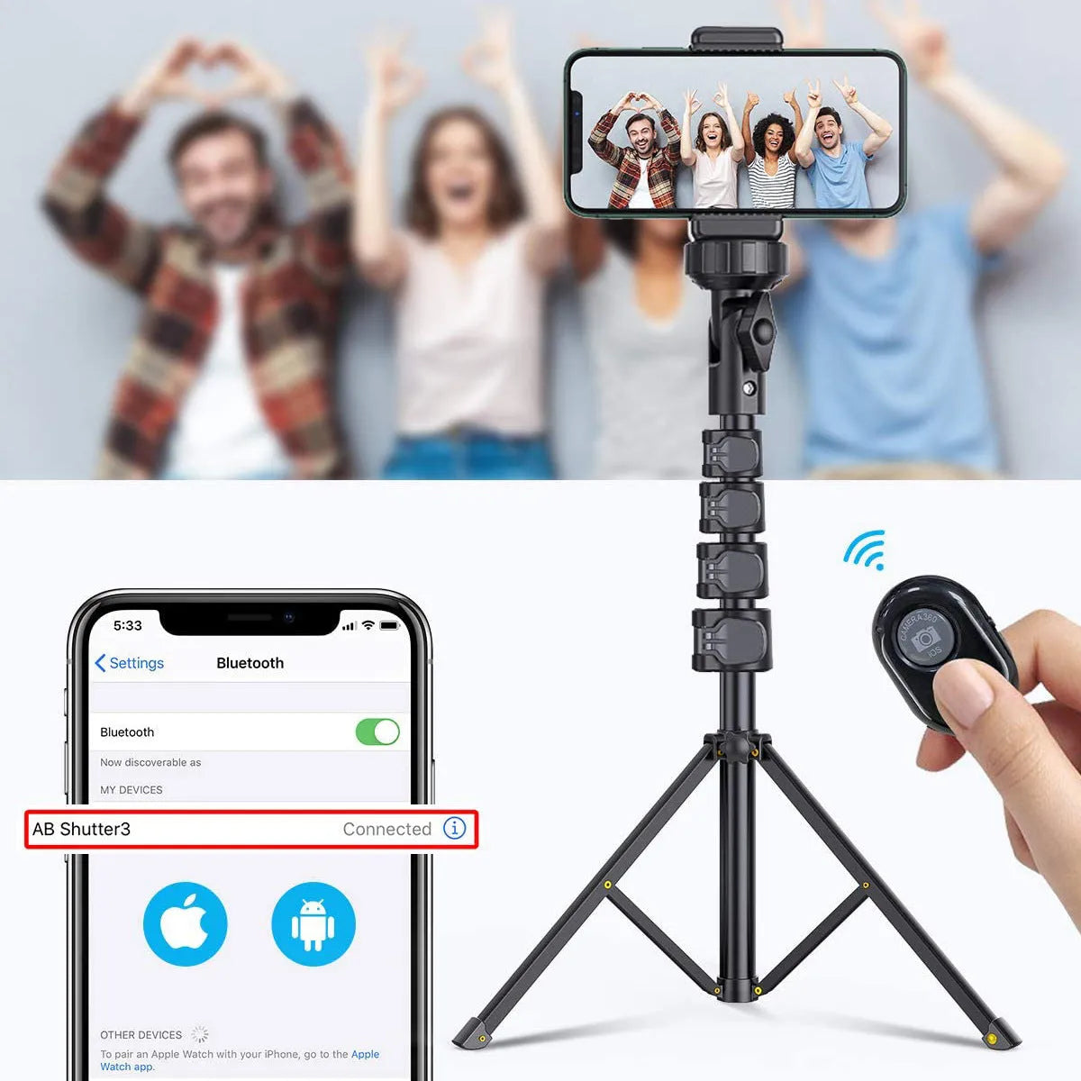 Black aluminium alloy selfie stick tripod with extended sections, compatible with Apple iPhones.