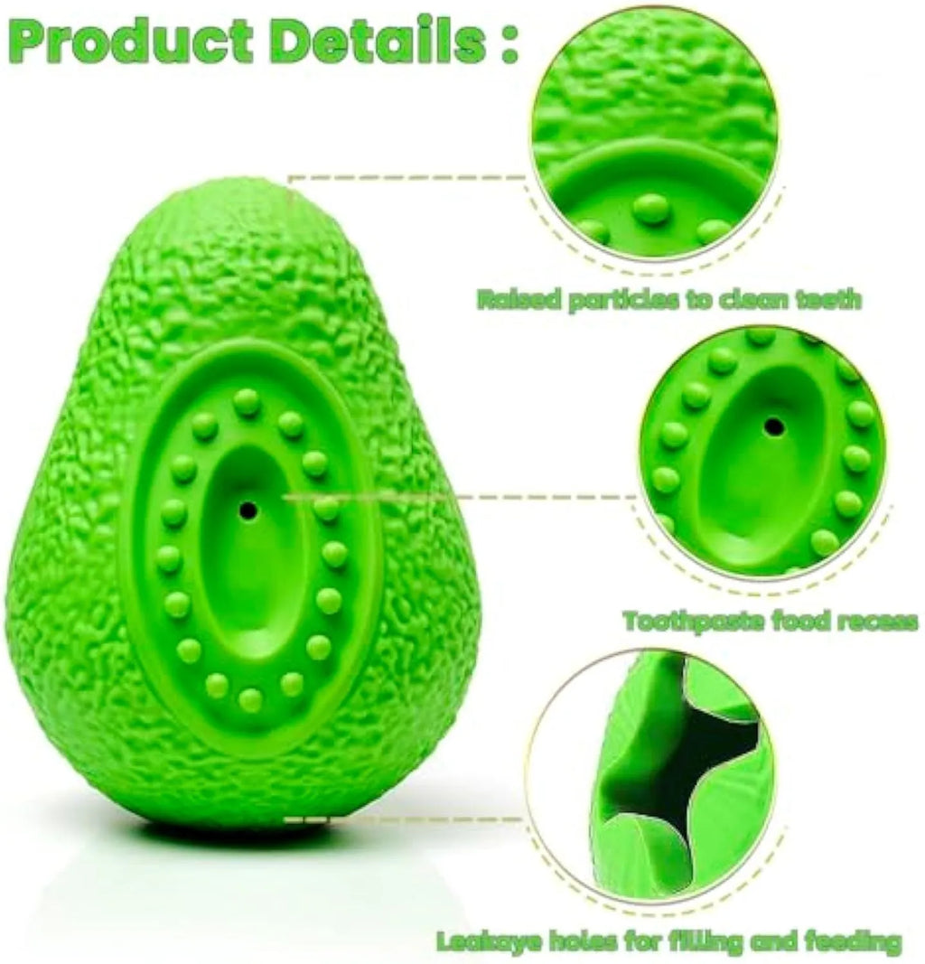 Green avocado-shaped rubber dog chew toy for aggressive chewers, showing uneven surface design