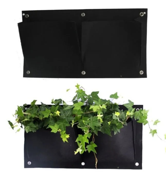 Vertical wall garden planting bag with 18 pockets made from recycled felt for herbs and vegetables