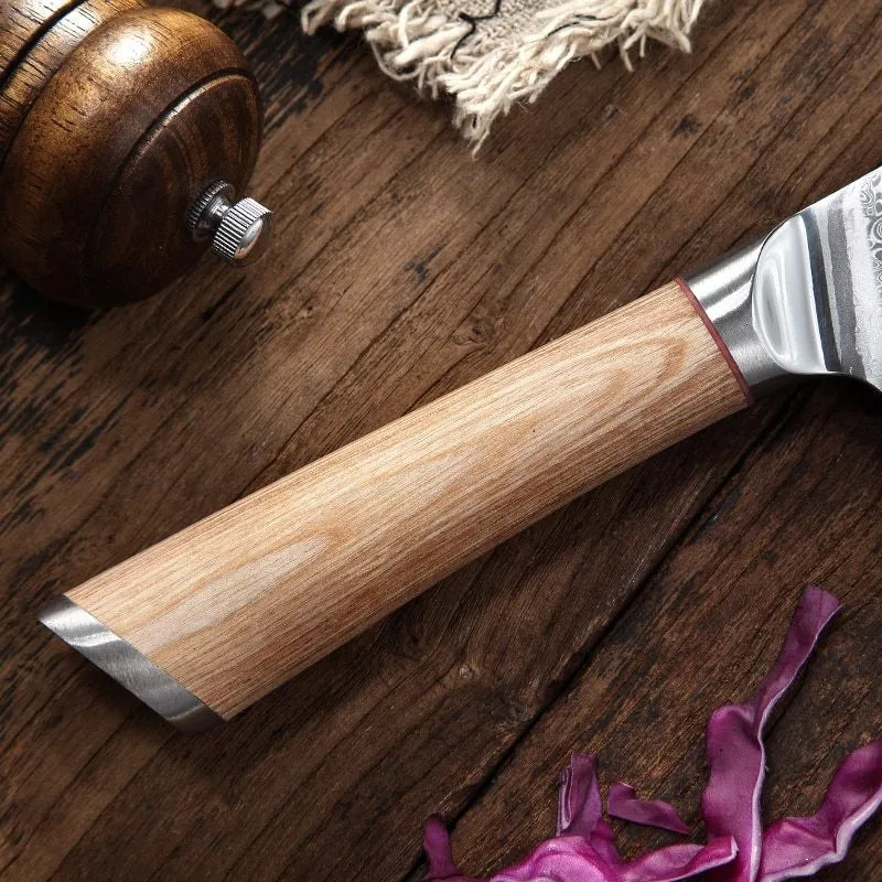 Damascus kitchen knife set with 12 stainless steel knives, 67-layer forging, and New Chinese style design on a wooden block