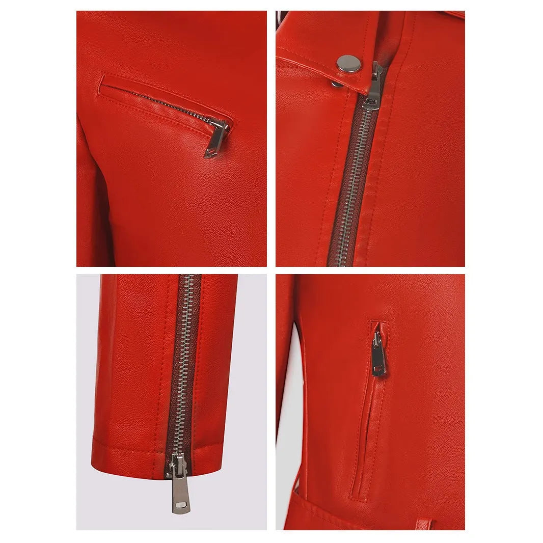 Women's red PU leather jacket with lapel collar and adjustable belt, street fashion style