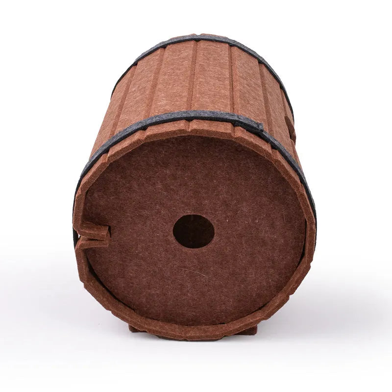 Assembled wine barrel shaped pet bed made from polyester fibre felt pieces for cats