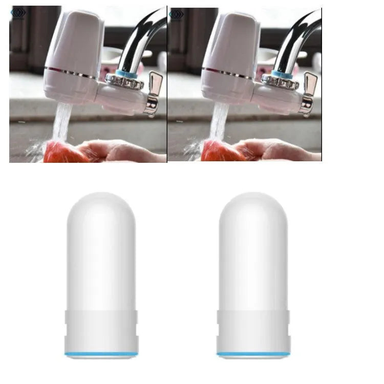 White plastic faucet water filter with universal adapter kit and ceramic cartridge on a kitchen tap.