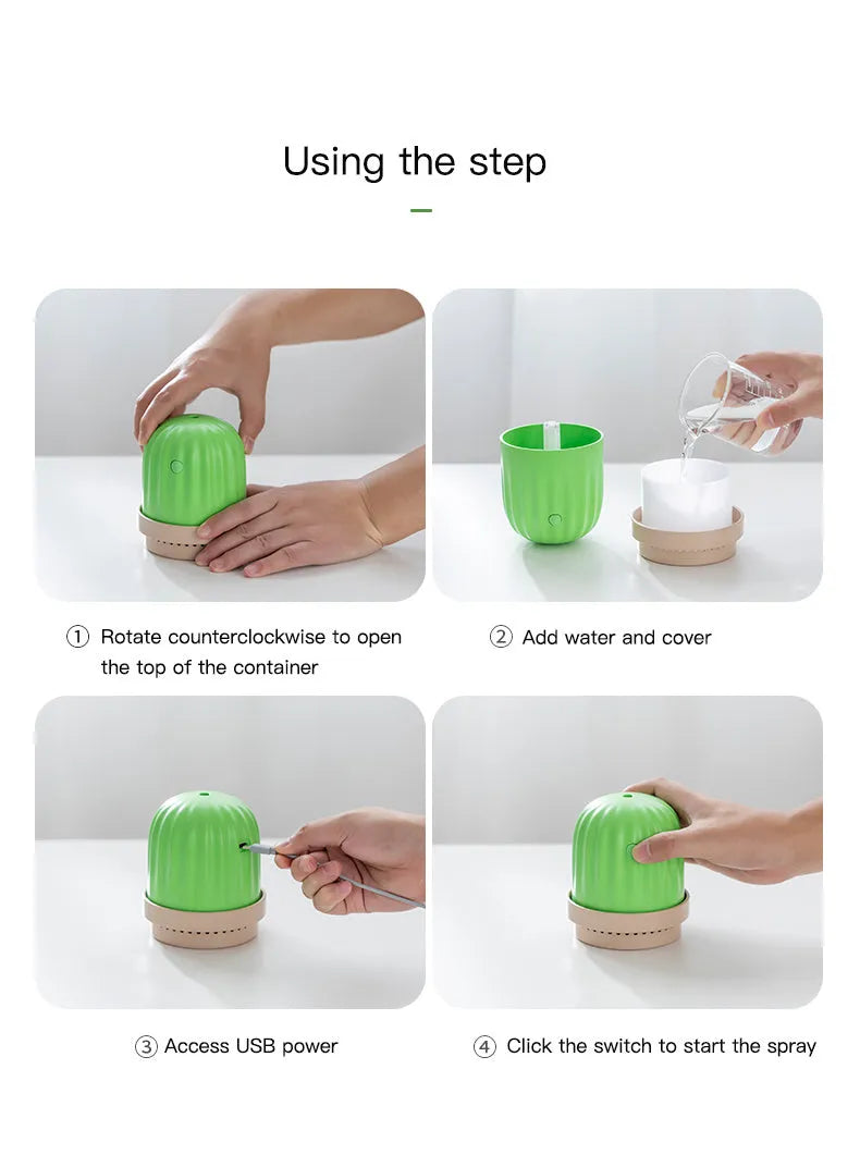 Cactus humidifier night light in green, pink, or white, 260ml tank, USB or rechargeable, 98 x 98 x 112mm