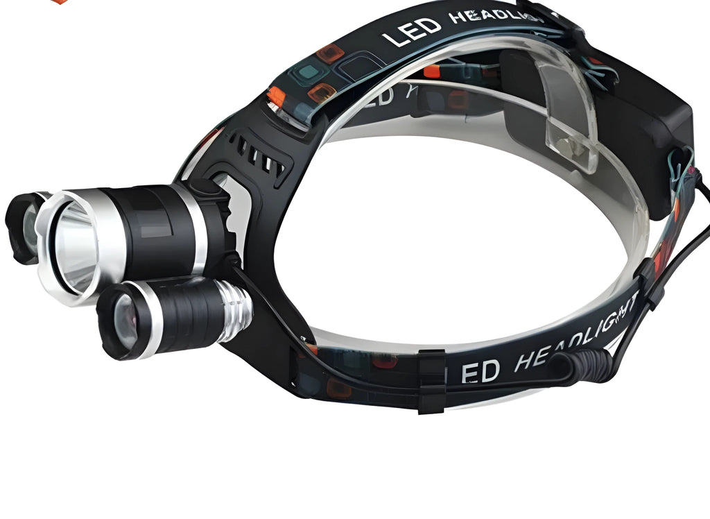 Rechargeable LED headlamp with adjustable headband and aluminium alloy head shown in use.