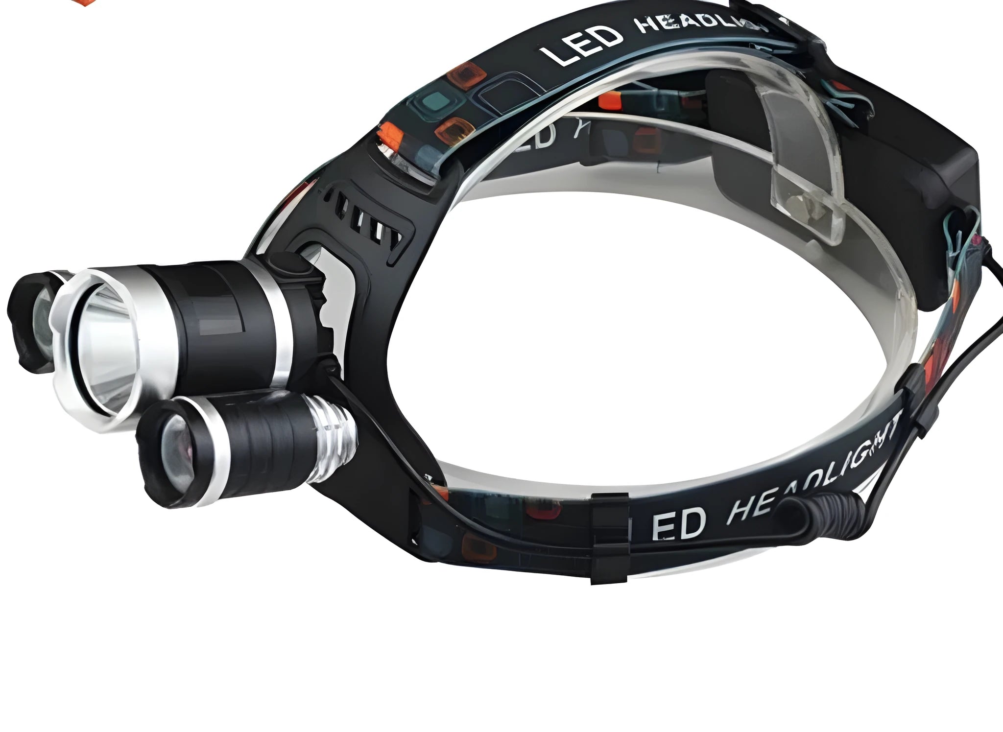 Rechargeable LED headlamp with adjustable headband and aluminium alloy head shown in use.