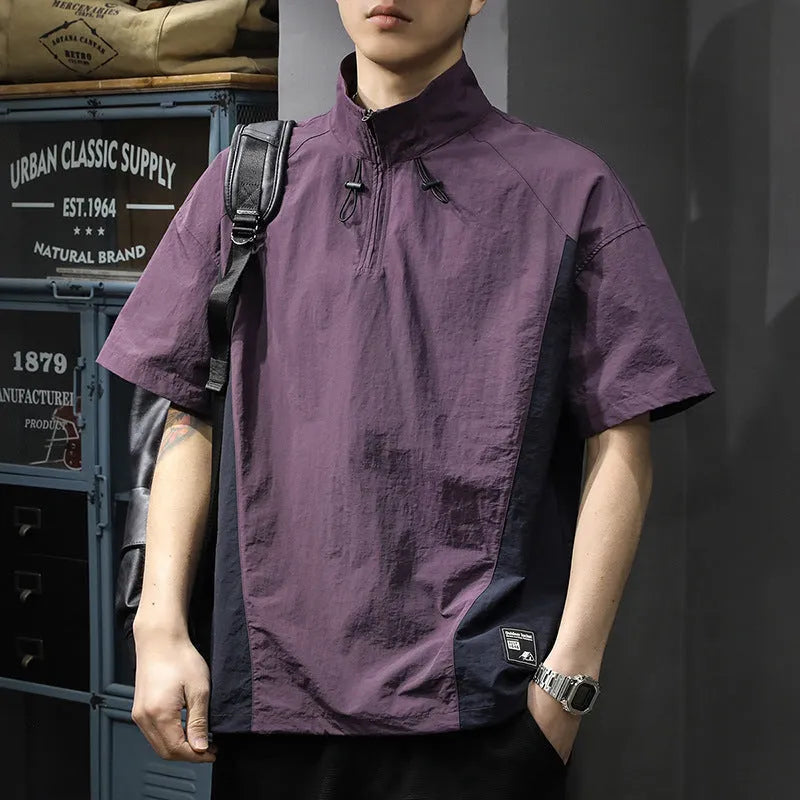 Men's business shirt casual T-shirt in brown or purple with half-zipped stand collar and short sleeves for summer.